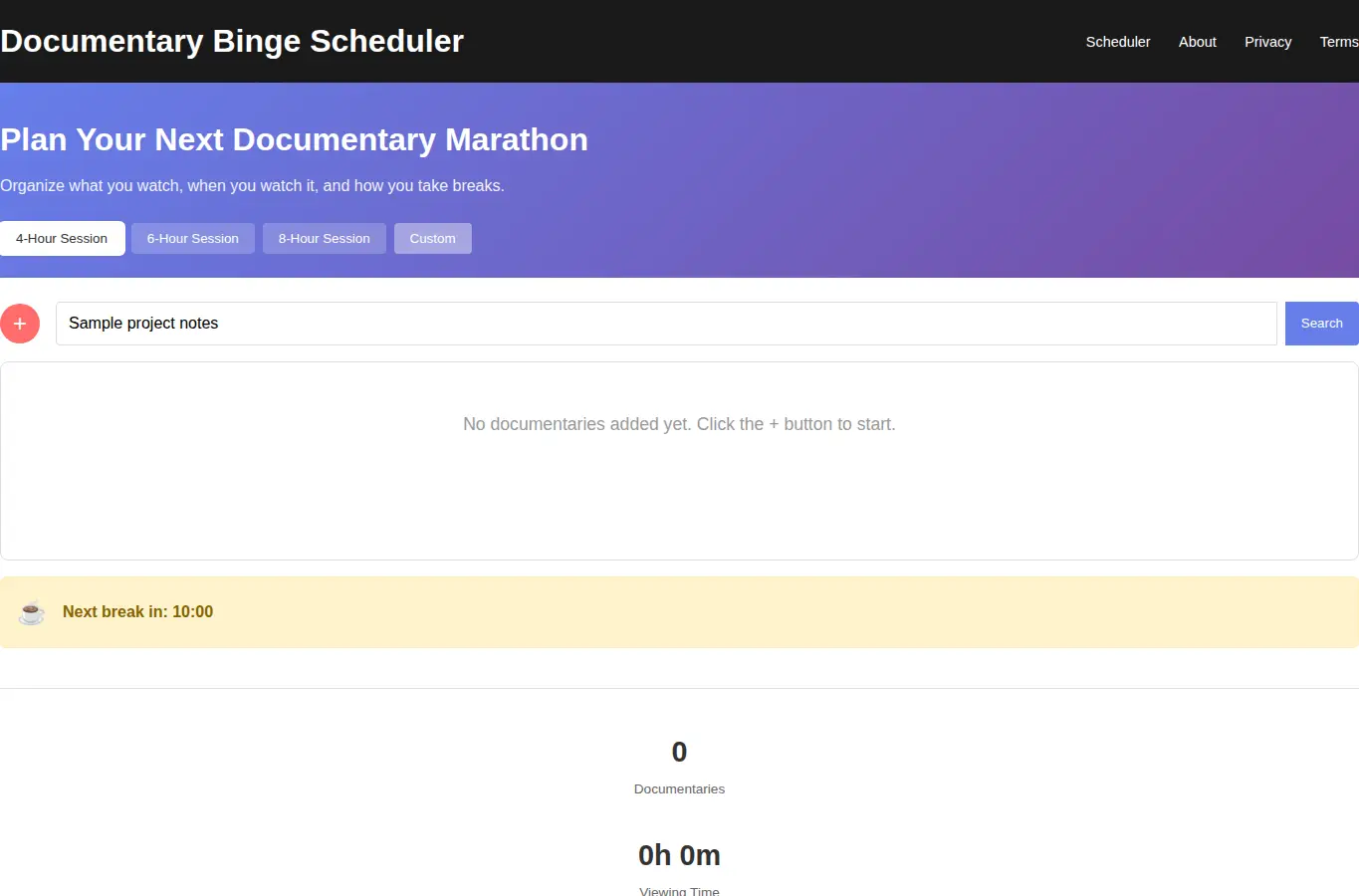 Screenshot of Documentary Binge Scheduler interface showing the project page in use